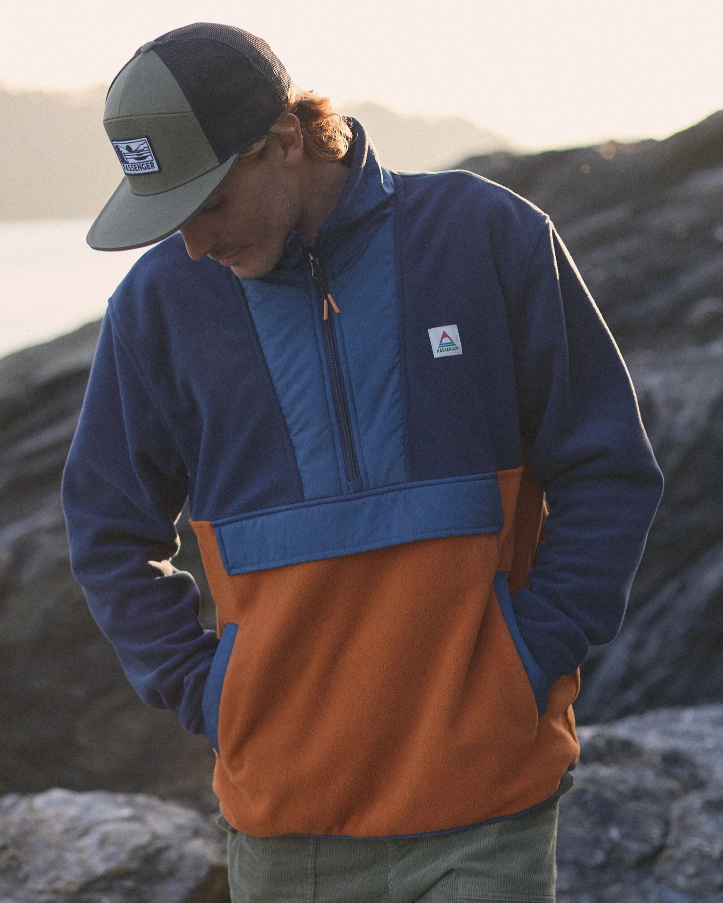 Woodland Hoodless Recycled Polar Fleece - Rich Navy/Sunset Orange